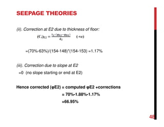 SEEPAGE THEORIES
(ii). Correction at E2 due to thickness of floor:
=(70%-63%)/(154-148)*(154-153) =1.17%
(iii). Correction due to slope at E2
=0 (no slope starting or end at E2)
Hence corrected (φE2) = computed φE2 +corrections
= 70%-1.88%-1.17%
=66.95%
48
 