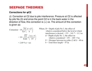 SEEPAGE THEORIES
Corrections for φC2
(i). Correction at C2 due to pile interference. Pressure at C2 is affected
by pile No.(3) and since the point C2 is in the back water in the
direction of flow, this correction is (+) ve. The amount of this correction
is given as:
49
 