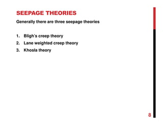SEEPAGE THEORIES
Generally there are three seepage theories
1. Bligh’s creep theory
2. Lane weighted creep theory
3. Khosla theory
8
 
