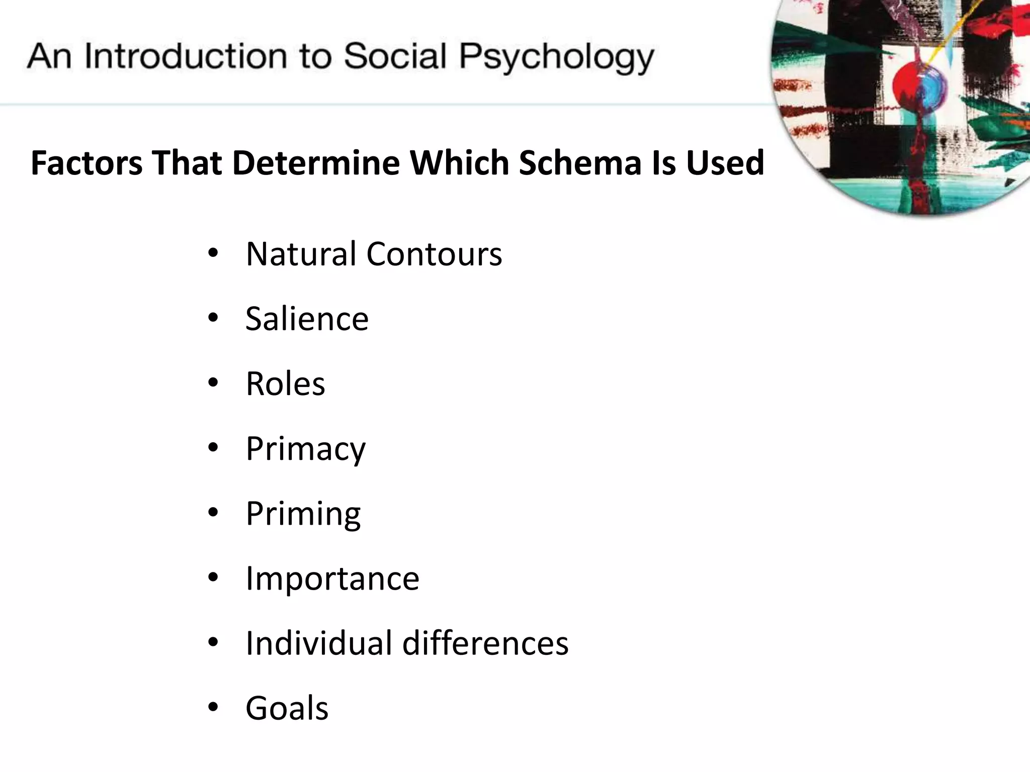 Factors That Determine Which Schema Is Used
• Natural Contours
• Salience
• Roles
• Primacy
• Priming
• Importance
• Individual differences
• Goals
 
