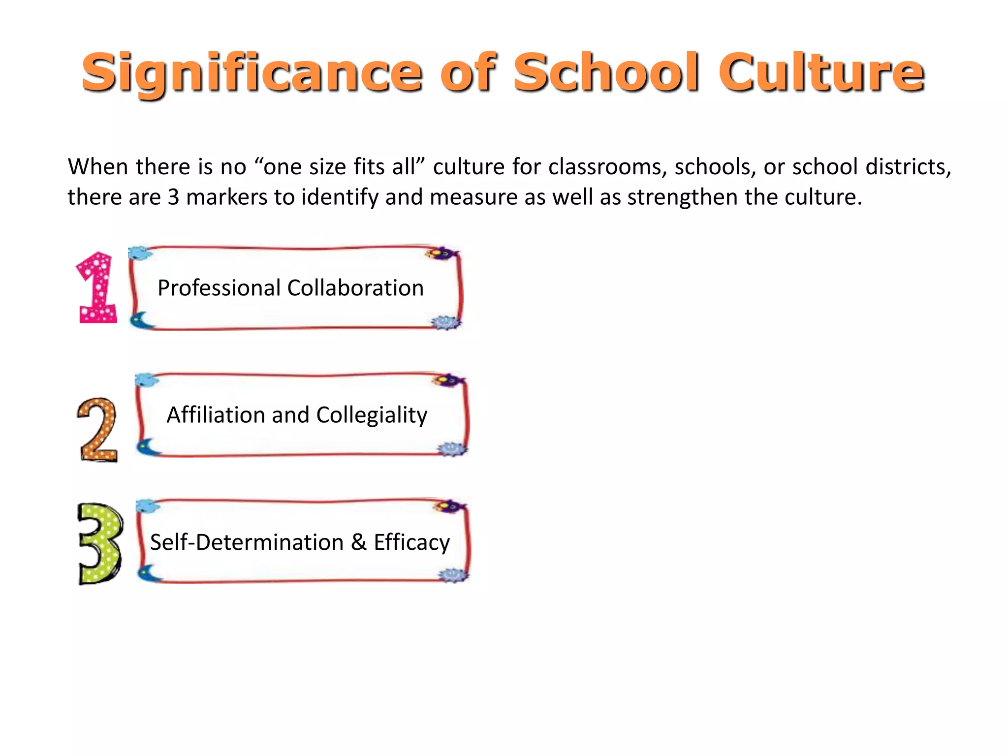 When there is no “one size fits all” culture for classrooms, schools, or school districts,
there are 3 markers to identify and measure as well as strengthen the culture.
Professional Collaboration
Affiliation and Collegiality
Self-Determination & Efficacy
Significance of School Culture
 