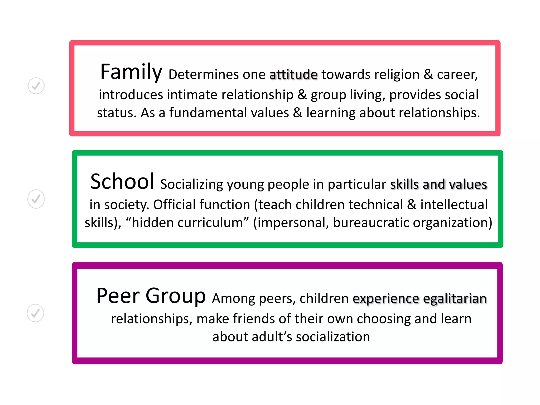 Family Determines one attitude towards religion & career,
introduces intimate relationship & group living, provides social
status. As a fundamental values & learning about relationships.
School Socializing young people in particular skills and values
in society. Official function (teach children technical & intellectual
skills), “hidden curriculum” (impersonal, bureaucratic organization)
Peer Group Among peers, children experience egalitarian
relationships, make friends of their own choosing and learn
about adult’s socialization
 