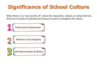 When there is no “one size fits all” culture for classrooms, schools, or school districts,
there are 3 markers to identify and measure as well as strengthen the culture.
Professional Collaboration
Affiliation and Collegiality
Self-Determination & Efficacy
Significance of School Culture
 
