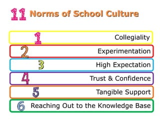 Collegiality
Experimentation
High Expectation
Trust & Confidence
Tangible Support
Reaching Out to the Knowledge Base
Norms of School Culture
 
