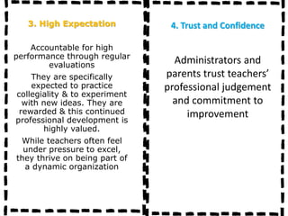 3. High Expectation
Accountable for high
performance through regular
evaluations
They are specifically
expected to practice
collegiality & to experiment
with new ideas. They are
rewarded & this continued
professional development is
highly valued.
While teachers often feel
under pressure to excel,
they thrive on being part of
a dynamic organization
4. Trust and Confidence
Administrators and
parents trust teachers’
professional judgement
and commitment to
improvement
 