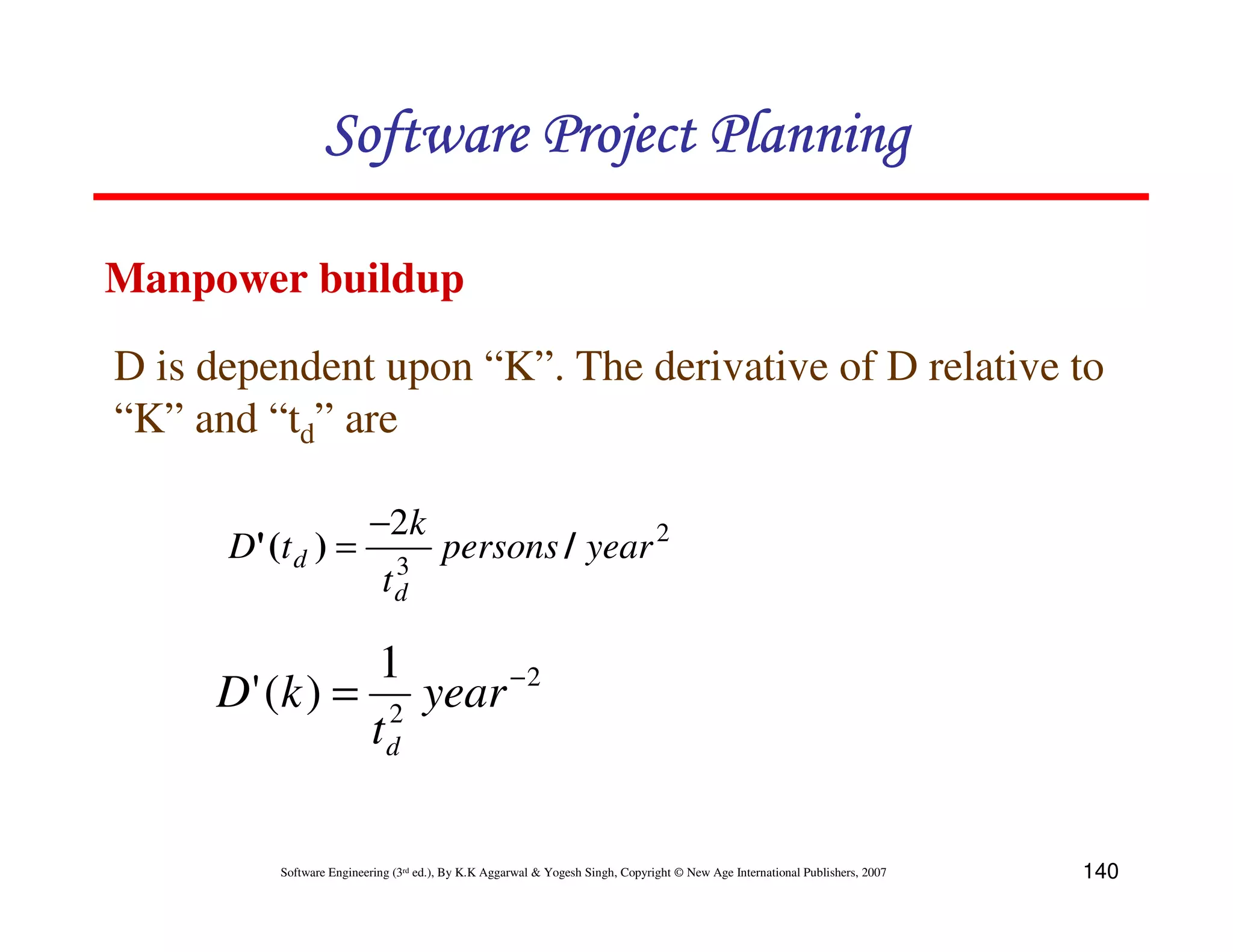 Software Project Planning

Manpower buildup

D is dependent upon “K”. The derivative of D relative to
“K” and “td” are

                          −2k
      D' (t d ) =             3
                                        persons / year 2
                             td

                1
     D ' (k ) = 2 year − 2
               td

          Software Engineering (3rd ed.), By K.K Aggarwal & Yogesh Singh, Copyright © New Age International Publishers, 2007   140
 