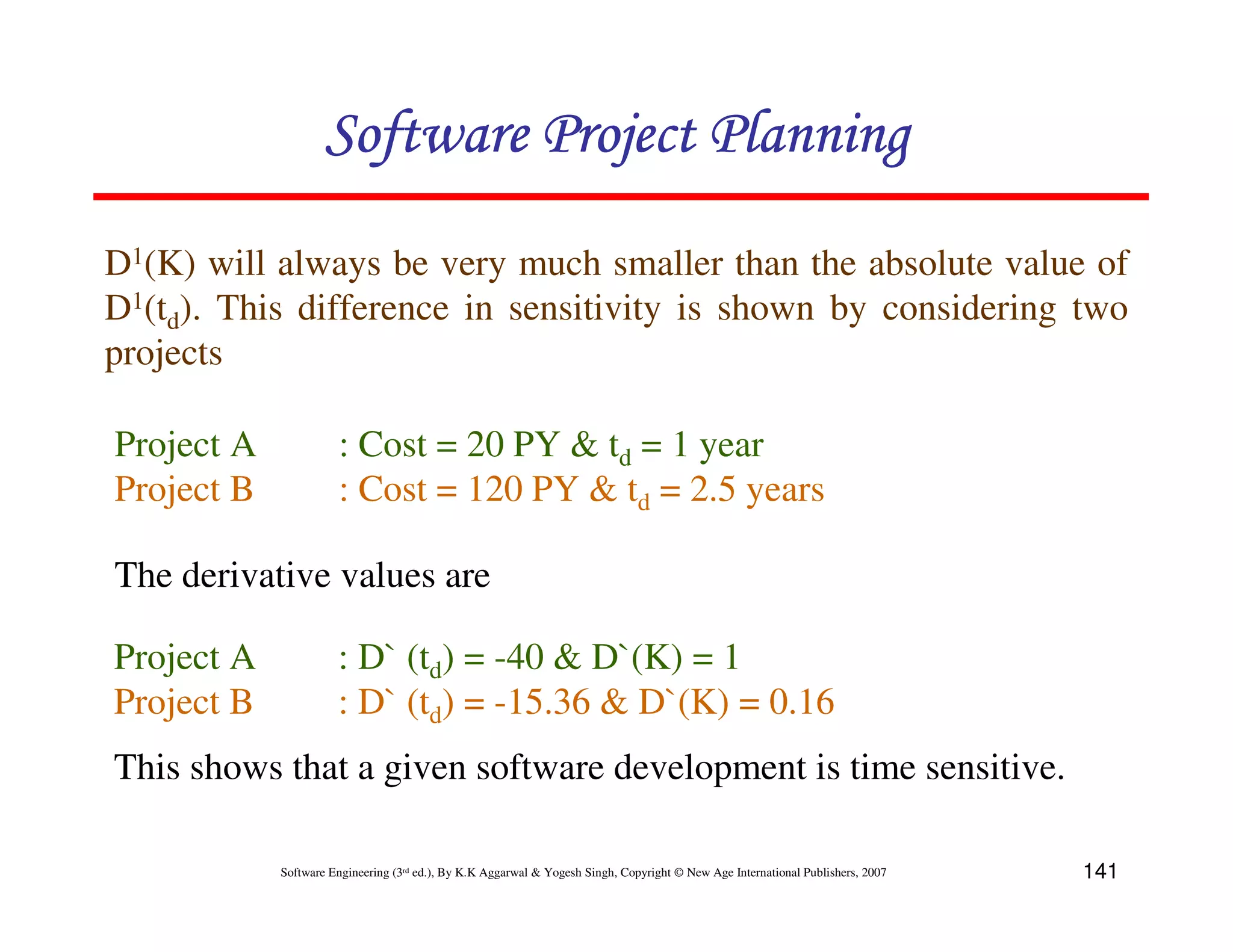 Software Project Planning
D1(K) will always be very much smaller than the absolute value of
D1(td). This difference in sensitivity is shown by considering two
projects

Project A             : Cost = 20 PY & td = 1 year
Project B             : Cost = 120 PY & td = 2.5 years

The derivative values are

Project A             : D` (td) = -40 & D`(K) = 1
Project B             : D` (td) = -15.36 & D`(K) = 0.16
This shows that a given software development is time sensitive.

            Software Engineering (3rd ed.), By K.K Aggarwal & Yogesh Singh, Copyright © New Age International Publishers, 2007   141
 