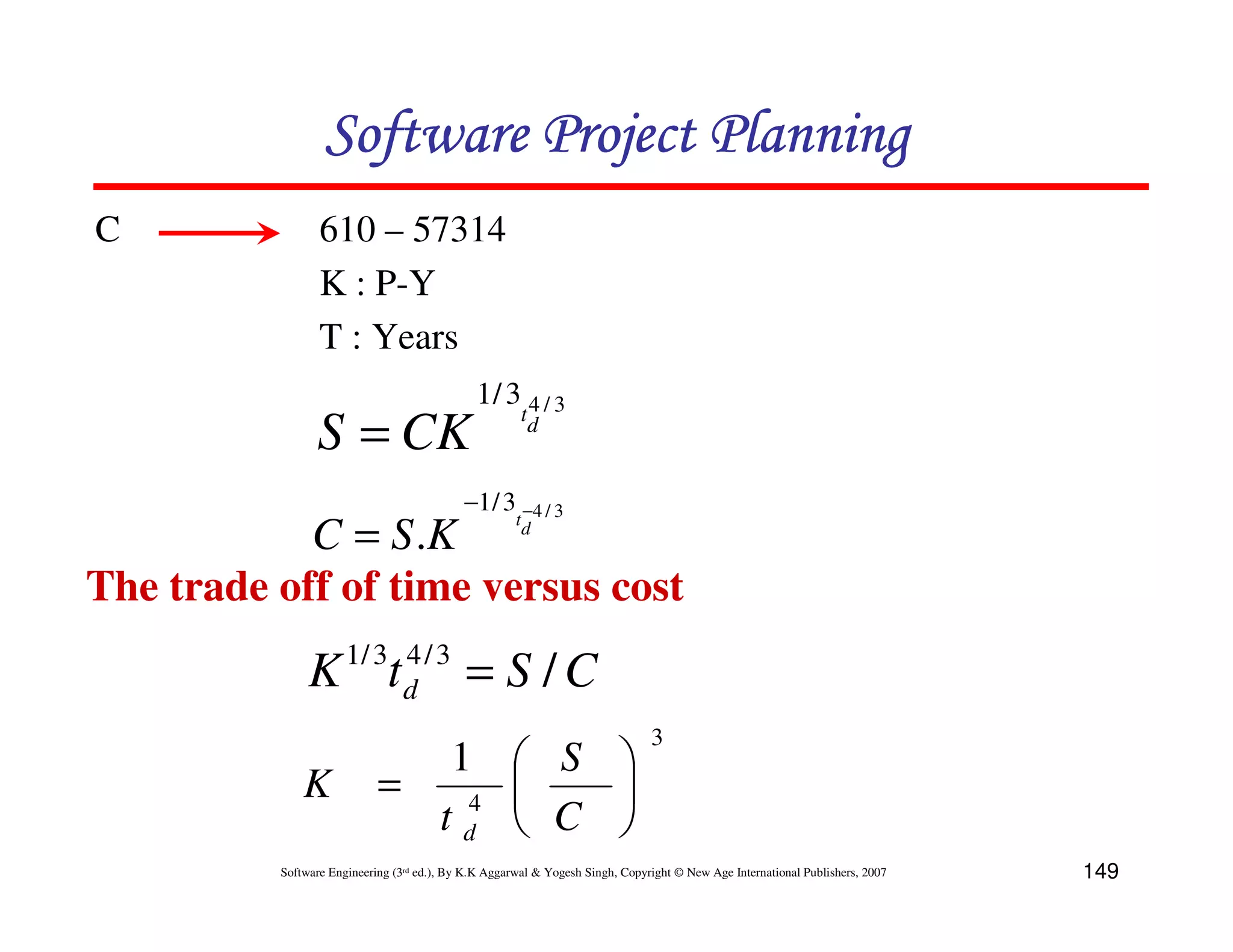 Software Project Planning
C                610 – 57314
                 K : P-Y
                 T : Years
                                              1/ 3 4 / 3
                                                       td
                S = CK
                                            −1 / 3 −4 / 3
                                                      td
            C = S .K
The trade off of time versus cost
                      1/ 3 4 / 3
               K t         d                = S /C
                                                                               3
                              1  S 
                               4    
              K             =
                              td  C 
          Software Engineering (3rd ed.), By K.K Aggarwal & Yogesh Singh, Copyright © New Age International Publishers, 2007   149
 