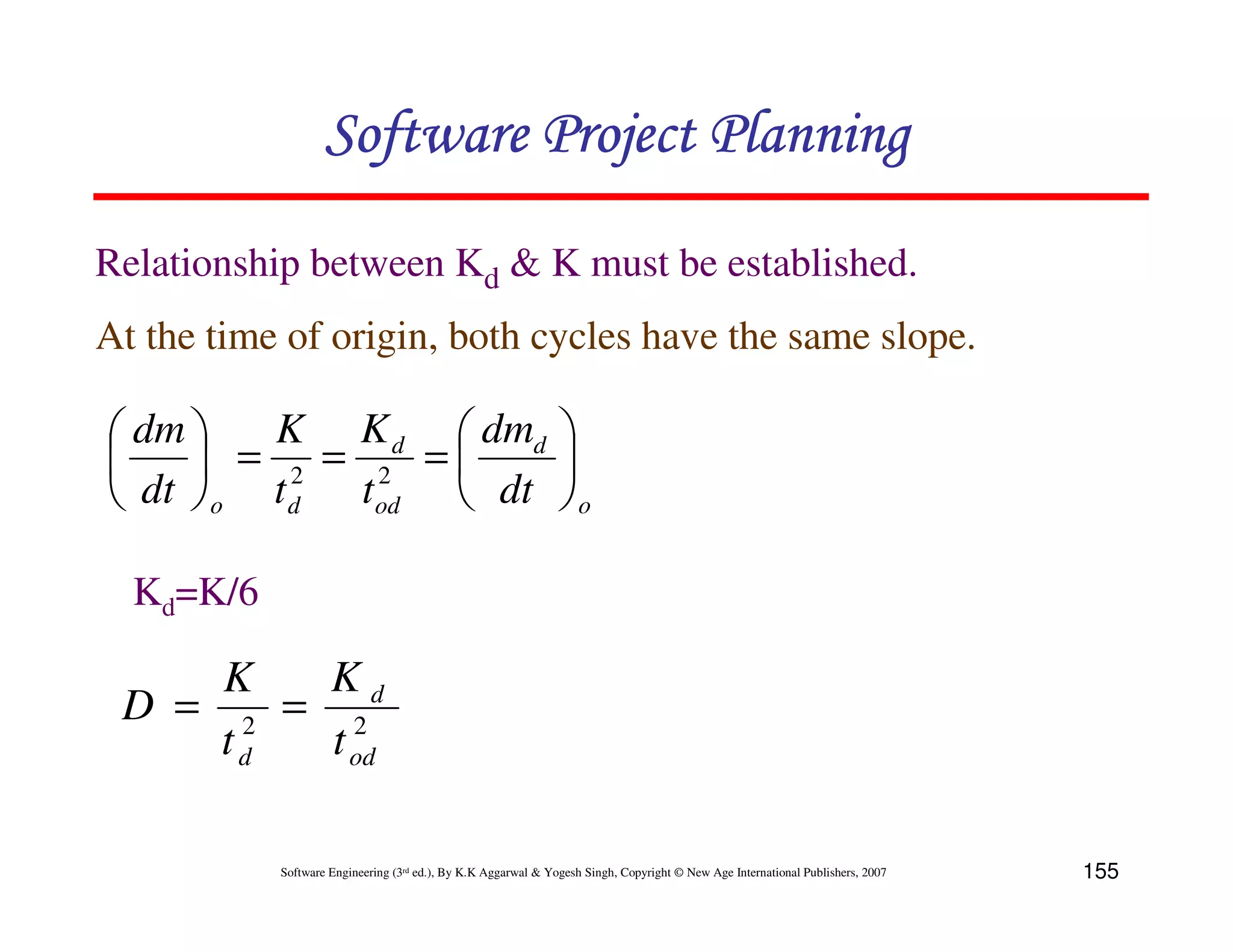 Software Project Planning

Relationship between Kd & K must be established.
At the time of origin, both cycles have the same slope.

 dm    K K d  dmd 
     = 2 = 2 =     
 dt  o t d tod  dt  o

  Kd=K/6

     K   Kd
 D = 2 = 2
     td  t od

           Software Engineering (3rd ed.), By K.K Aggarwal & Yogesh Singh, Copyright © New Age International Publishers, 2007   155
 