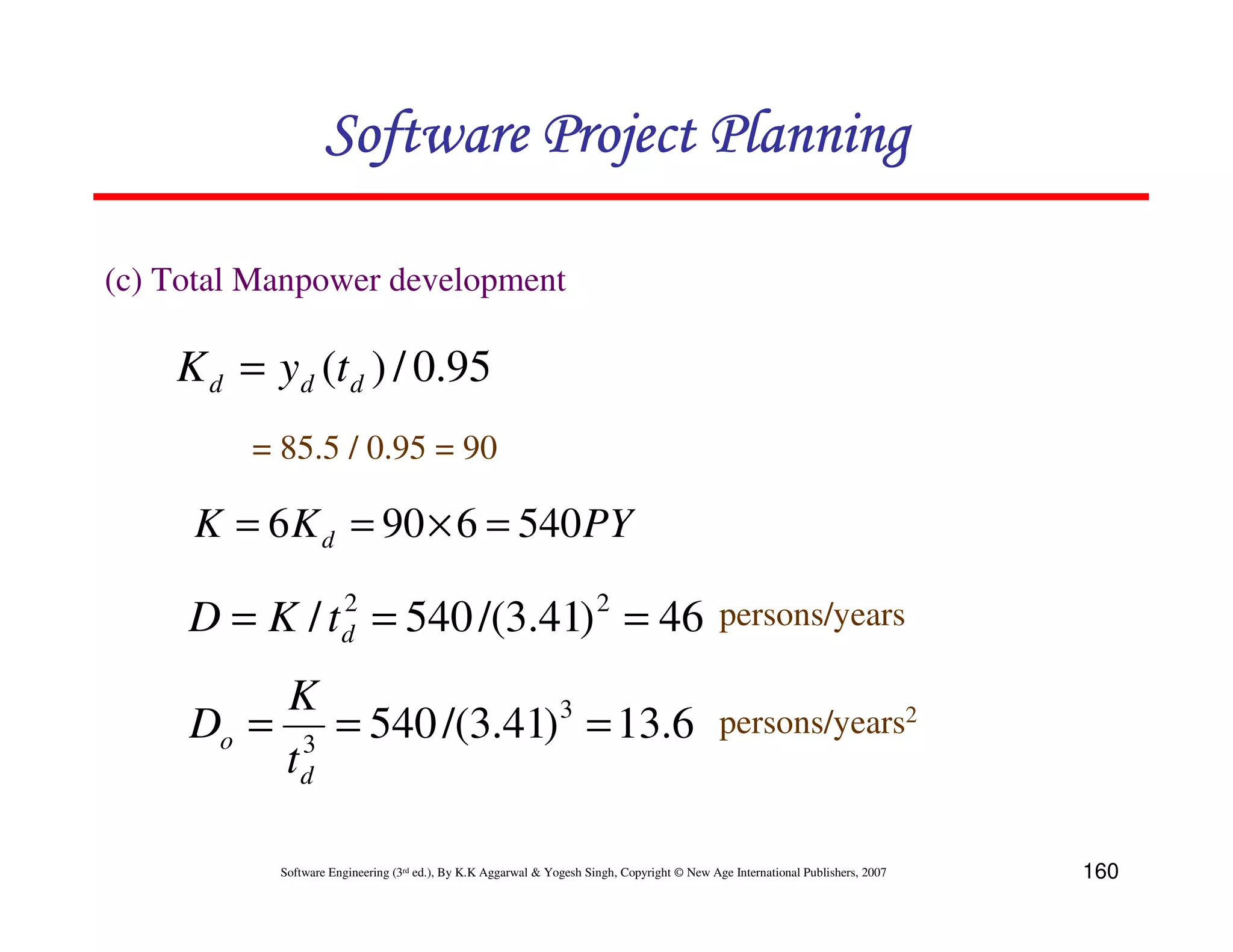 Software Project Planning

(c) Total Manpower development

    K d = yd (t d ) / 0.95
         = 85.5 / 0.95 = 90

     K = 6 K d = 90 × 6 = 540 PY

     D = K / t d = 540 /(3.41) 2 = 46
               2
                                                                                             persons/years

          K
     Do = 3 = 540 /(3.41) 3 = 13.6                                                           persons/years2
         td

           Software Engineering (3rd ed.), By K.K Aggarwal & Yogesh Singh, Copyright © New Age International Publishers, 2007   160
 