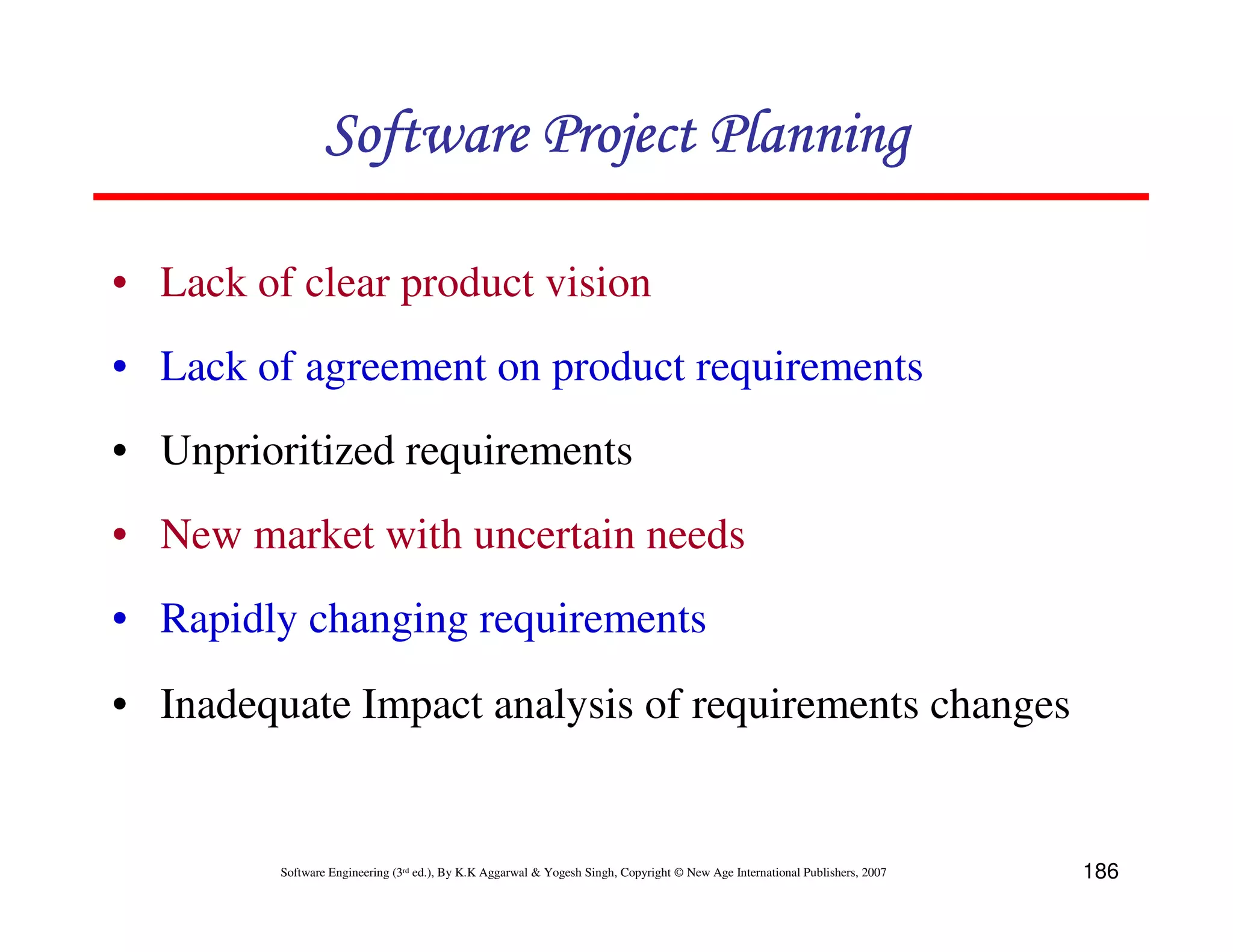 Software Project Planning

• Lack of clear product vision
• Lack of agreement on product requirements
• Unprioritized requirements
• New market with uncertain needs
• Rapidly changing requirements
• Inadequate Impact analysis of requirements changes


         Software Engineering (3rd ed.), By K.K Aggarwal & Yogesh Singh, Copyright © New Age International Publishers, 2007   186
 
