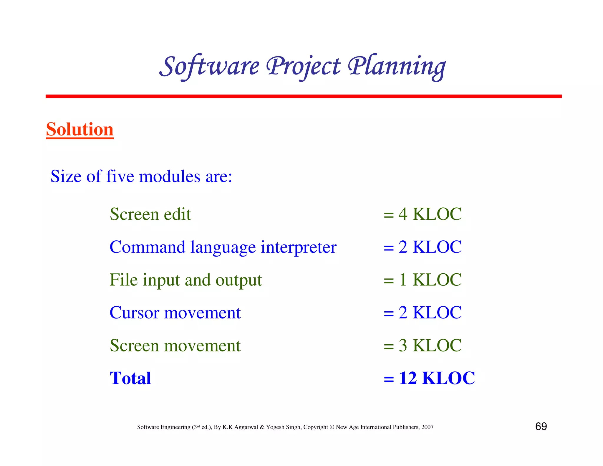 Software Project Planning

Solution

Size of five modules are:

        Screen edit                                                                                      = 4 KLOC
        Command language interpreter                                                                     = 2 KLOC
        File input and output                                                                            = 1 KLOC
        Cursor movement                                                                                  = 2 KLOC
        Screen movement                                                                                  = 3 KLOC
        Total                                                                                            = 12 KLOC

           Software Engineering (3rd ed.), By K.K Aggarwal & Yogesh Singh, Copyright © New Age International Publishers, 2007   69
 