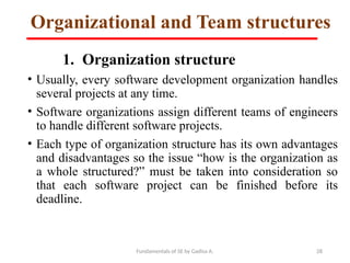Fundamentals of SE by Gadisa A. 28
Organizational and Team structures
1. Organization structure
• Usually, every software development organization handles
several projects at any time.
• Software organizations assign different teams of engineers
to handle different software projects.
• Each type of organization structure has its own advantages
and disadvantages so the issue “how is the organization as
a whole structured?” must be taken into consideration so
that each software project can be finished before its
deadline.
 