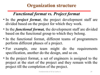 Fundamentals of SE by Gadisa A. 29
Organization structure
Functional format vs. Project format
• In the project format, the project development staff are
divided based on the project for which they work.
• In the functional format, the development staff are divided
based on the functional group to which they belong.
• In the functional format, different teams of programmers
perform different phases of a project.
• For example, one team might do the requirements
specification, another do the design, and so on.
• In the project format, a set of engineers is assigned to the
project at the start of the project and they remain with the
project till the completion of the project.
 