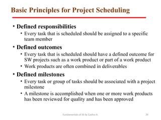 Fundamentals of SE by Gadisa A. 39
Basic Principles for Project Scheduling
• Defined responsibilities
• Every task that is scheduled should be assigned to a specific
team member
• Defined outcomes
• Every task that is scheduled should have a defined outcome for
SW projects such as a work product or part of a work product
• Work products are often combined in deliverables
• Defined milestones
• Every task or group of tasks should be associated with a project
milestone
• A milestone is accomplished when one or more work products
has been reviewed for quality and has been approved
 