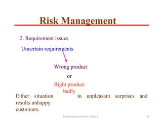 Fundamentals of SE by Gadisa A. 45
2. Requirement issues
Uncertain requirements
Wrong product
or
Right product
badly
Either situation
results unhappy
customers.
in unpleasant surprises and
Risk Management
 