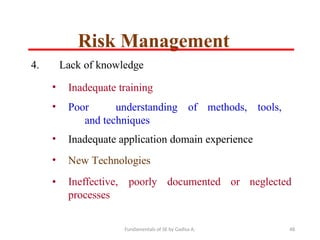 Fundamentals of SE by Gadisa A. 48
4. Lack of knowledge
• Inadequate training
• Poor understanding of methods, tools,
and techniques
• Inadequate application domain experience
• New Technologies
• Ineffective, poorly documented or neglected
processes
Risk Management
 