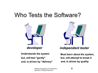 Software Engineering: A Practitioner’s
Approach, by Roger Pressman.
Who Tests the Software?
developer independent tester
Understands the system
but, will test "gently"
and, is driven by "delivery"
Must learn about the system,
but, will attempt to break it
and, is driven by quality
6
 