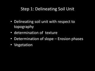 Step 1: Delineating Soil Unit
• Delineating soil unit with respect to
topography
• determination of texture
• Determination of slope – Erosion phases
• Vegetation
 