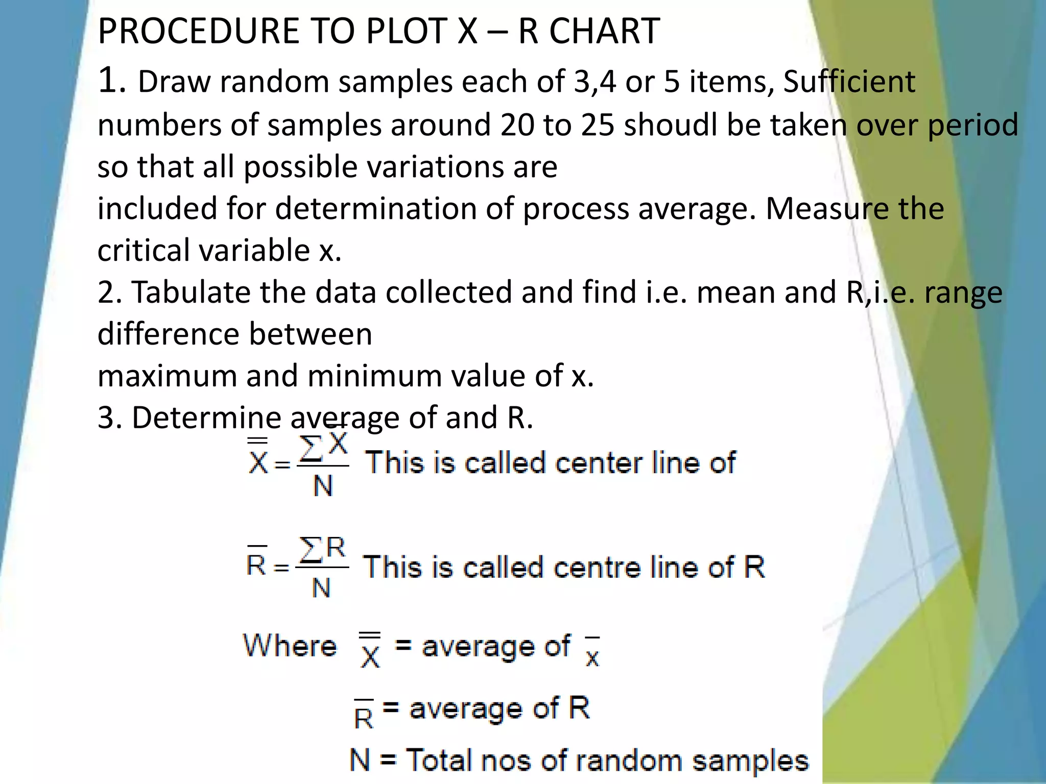 PROCEDURE TO PLOT X – R CHART
1. Draw random samples each of 3,4 or 5 items, Sufficient
numbers of samples around 20 to 25 shoudl be taken over period
so that all possible variations are
included for determination of process average. Measure the
critical variable x.
2. Tabulate the data collected and find i.e. mean and R,i.e. range
difference between
maximum and minimum value of x.
3. Determine average of and R.
 