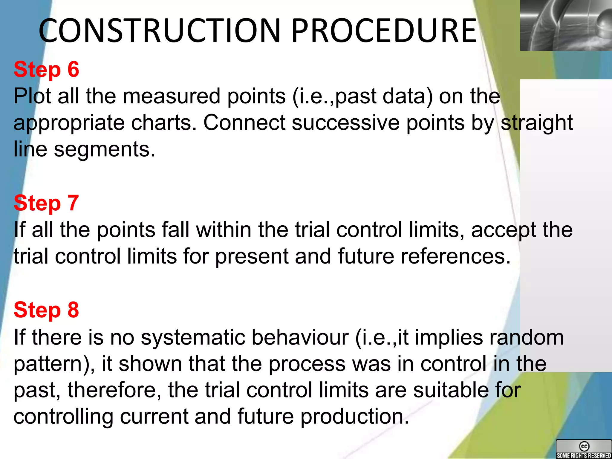 LOGO
CONSTRUCTION PROCEDURE
Step 6
Plot all the measured points (i.e.,past data) on the
appropriate charts. Connect successive points by straight
line segments.
Step 7
If all the points fall within the trial control limits, accept the
trial control limits for present and future references.
Step 8
If there is no systematic behaviour (i.e.,it implies random
pattern), it shown that the process was in control in the
past, therefore, the trial control limits are suitable for
controlling current and future production.
 
