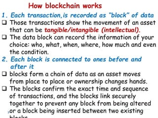 How blockchain works
1. Each transaction,is recorded as “block” of data
 Those transactions show the movement of an asset
that can be tangible/intangible (intellectual).
 The data block can record the information of your
choice: who, what, when, where, how much and even
the condition.
2. Each block is connected to ones before and
after it
 blocks form a chain of data as an asset moves
from place to place or ownership changes hands.
 The blocks confirm the exact time and sequence
of transactions, and the blocks link securely
together to prevent any block from being altered
or a block being inserted between two existing
 