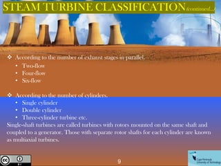 ❖ According to the number of exhaust stages in parallel.
• Two-flow
• Four-flow
• Six-flow
❖ According to the number of cylinders.
• Single cylinder
• Double cylinder
• Three-cylinder turbine etc.
Single-shaft turbines are called turbines with rotors mounted on the same shaft and
coupled to a generator. Those with separate rotor shafts for each cylinder are known
as multiaxial turbines.
STEAM TURBINE CLASSIFICATION(continued…)
9
Creative Commons License
 