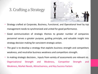 3. Crafting a Strategy
• Strategy crafted at Corporate, Business, Functional, and Operational level by top
management needs to synchronized and united for good performance.
• Good communication of strategic themes to greater number of companies
personnel serves a greater purpose, guiding principle, and valuable insight into
strategy decision making for consistent strategic action.
• The goal is to develop a strategy that exploits business strength and competitors
weakness, and neutralize business weakness and competitors strength.
• In making strategic decisions , inputs from variety of assessments are relevant viz.
Organizational Strength and Weakness, Competitor Strength and
Weakness, Market Needs, Attractiveness, and Key Success Factors
 
