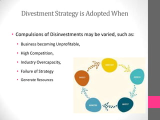• Compulsions of Disinvestments may be varied, such as:
• Business becoming Unprofitable,
• High Competition,
• Industry Overcapacity,
• Failure of Strategy
• Generate Resources
DivestmentStrategy is AdoptedWhen
 