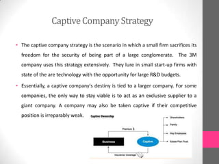CaptiveCompanyStrategy
• The captive company strategy is the scenario in which a small firm sacrifices its
freedom for the security of being part of a large conglomerate. The 3M
company uses this strategy extensively. They lure in small start-up firms with
state of the are technology with the opportunity for large R&D budgets.
• Essentially, a captive company's destiny is tied to a larger company. For some
companies, the only way to stay viable is to act as an exclusive supplier to a
giant company. A company may also be taken captive if their competitive
position is irreparably weak.
 