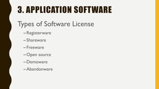 3. APPLICATION SOFTWARE
Types of Software License
–Registerware
–Shareware
–Freeware
–Open source
–Demoware
–Abandonware
 