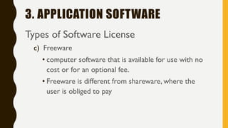 3. APPLICATION SOFTWARE
Types of Software License
c) Freeware
• computer software that is available for use with no
cost or for an optional fee.
• Freeware is different from shareware, where the
user is obliged to pay
 