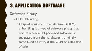 3. APPLICATION SOFTWARE
Software Piracy
– OEM Unbundling
•Original equipment manufacturer (OEM)
unbundling is a type of software piracy that
occurs when OEM-packaged software is
separated from the hardware it originally
came bundled with, at the OEM or retail level
of sale
 