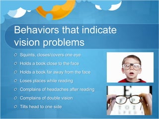 Behaviors that indicate
vision problems
Squints, closes/covers one eye
Holds a book close to the face
Holds a book far away from the face
Loses places while reading
Complains of headaches after reading
Complains of double vision
Tilts head to one side
 