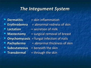 The Integument System









Dermatitis
= skin inflammation
Erythrodemra = abnormal redness of skin
Lactation
= secretion of milk
Mastectomy
= surgical removal of breast
Onychomycosis = fungal infection of nails
Pachyderma
= abnormal thickness of skin
Subcutaneous = beneath the skin
Transdermal
= through the skin

 