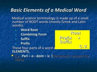 Basic Elements of a Medical Word
Medical science terminology is made up of a small
number of ROOT words (mostly Greek and Latin
words).
1.
Word Root
Root
2.
Combining Form
Prefix
+
3.
Suffix
Suffix
4.
Prefix
These four parts of a word are known as C.V.
ELEMENTS.
 E.g. Peri – o - dont – ic (Periodontic: around the
teeth)

 
