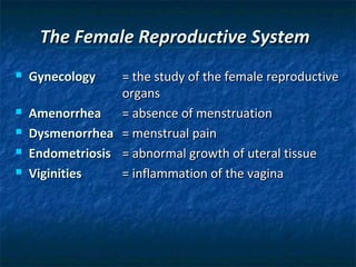 The Female Reproductive System







Gynecology

= the study of the female reproductive
organs
Amenorrhea
= absence of menstruation
Dysmenorrhea = menstrual pain
Endometriosis = abnormal growth of uteral tissue
Viginities
= inflammation of the vagina

 