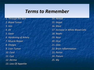 Terms to Remember
1. Through the Skin
2. Blood Tumor
3. Ven
4. Ot
5. Gastr
6. Hardening of Artery
7. Muscle Repair
8. Otalgia
9. Liver Tumor
10. Card
11. Cyst
12. Derma
13. Loss Of Appetite

14. Hemat
15. Hepat
16. Mast
17. Increase In White Blood Cells
18. Nephr
19. Neur
20. Ocul
21. Oste
22. Brain Inflammation
23. Pector
24. Pneum
25. My

 