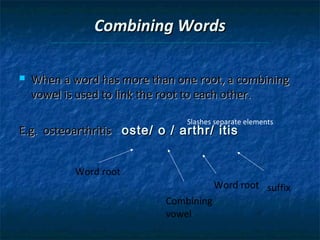 Combining Words


When a word has more than one root, a combining
vowel is used to link the root to each other.
Slashes separate elements

E.g. osteoarthritis oste/ o / arthr/ itis
Word root

Word root suffix
Combining
vowel

 