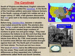 24
The issue of slavery led to the differences between
the two areas. They could not settle their
differences so they separated into 2 different
settlements called North and South Carolina.
Slave house in South
Carolina 1860
The Carolinas
South of Virginia and Maryland, English colonists
settled in a region called the Carolinas. In the North
of the Carolinas settlers were poor tobacco farmers.
In the South, a group of eight rich nobles set up a
larger colony. In 1685, a few planters discovered
that rice grew well in the lowly swamplands along
the coast.
Before long, Carolina Rice became a valuable
crop traded around the world. The planters also
grew indigo, a plant used to make valuable blue
dye. The farmers needed large numbers of
workers to grow rice and grow indigo. They tried
to enslave the Indians to do the work but they died
of diseases or mistreatment. Planters turned to
slaves from Africa. By 1700, most people coming
to Carolina were African men and women brought
against their will. The North part of Carolina did
not have slaves. The South part did have slaves.
 