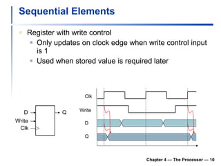 Sequential Elements Register with write control Only updates on clock edge when write control input is 1 Used when stored value is required later Chapter 4 — The Processor —  D Clk Q Write Write D Q Clk 