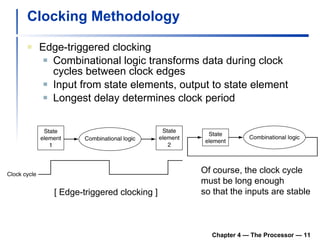Clocking Methodology Edge-triggered clocking Combinational logic transforms data during clock cycles between clock edges Input from state elements, output to state element Longest delay determines clock period Chapter 4 — The Processor —  [ Edge-triggered clocking ] Of course, the clock cycle must be long enough so that the inputs are stable 
