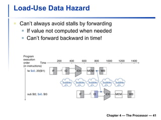 Load-Use Data Hazard Can’t always avoid stalls by forwarding If value not computed when needed Can’t forward backward in time! Chapter 4 — The Processor —  