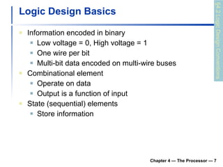 Logic Design Basics Information encoded in binary Low voltage = 0, High voltage = 1 One wire per bit Multi-bit data encoded on multi-wire buses Combinational element Operate on data Output is a function of input State (sequential) elements Store information Chapter 4 — The Processor —  §4.2 Logic Design Conventions 