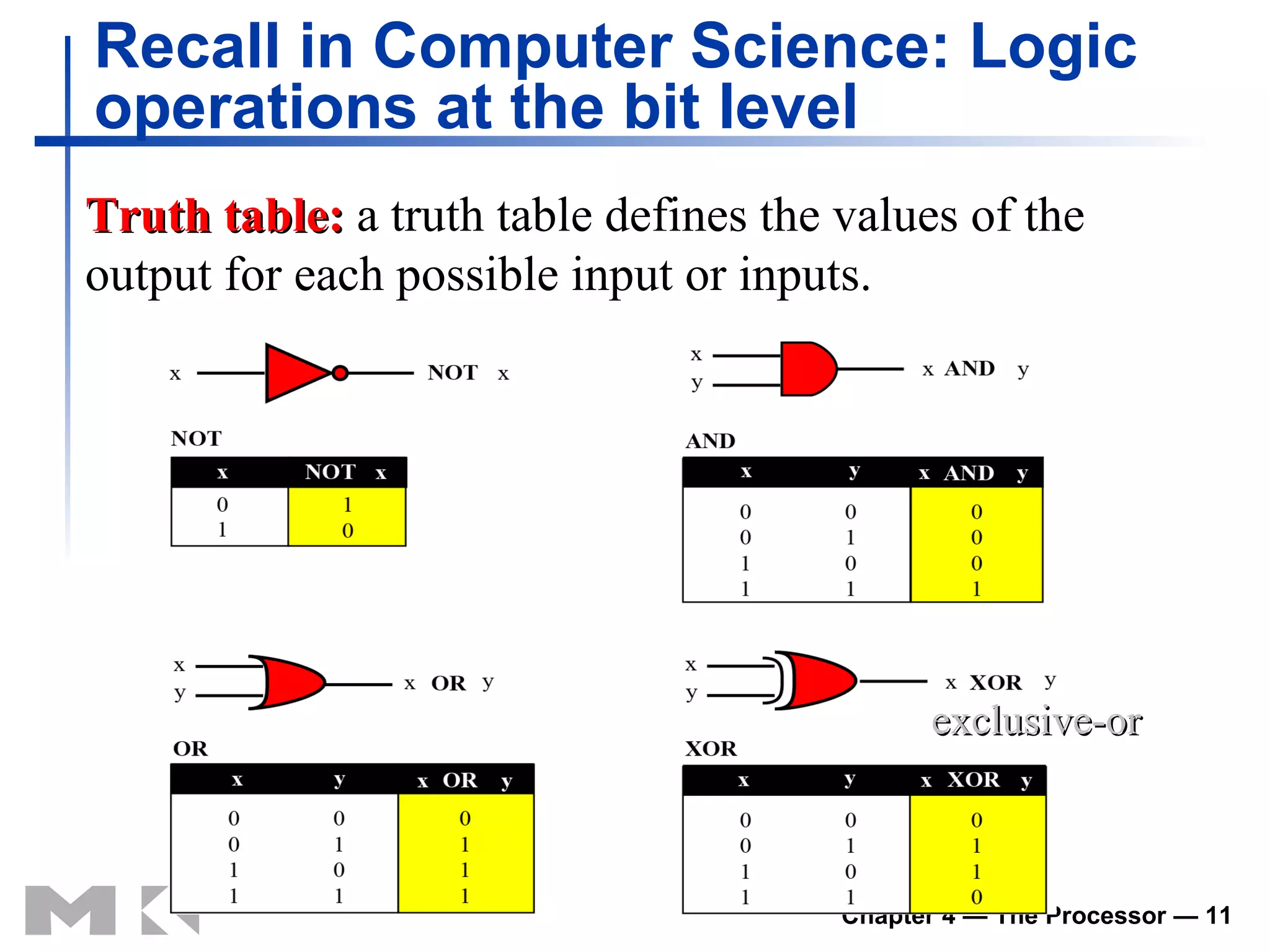 Recall in Computer Science: Logic operations at the bit level Truth table:  a truth table defines the values of the output for each possible input or inputs. exclusive-or 