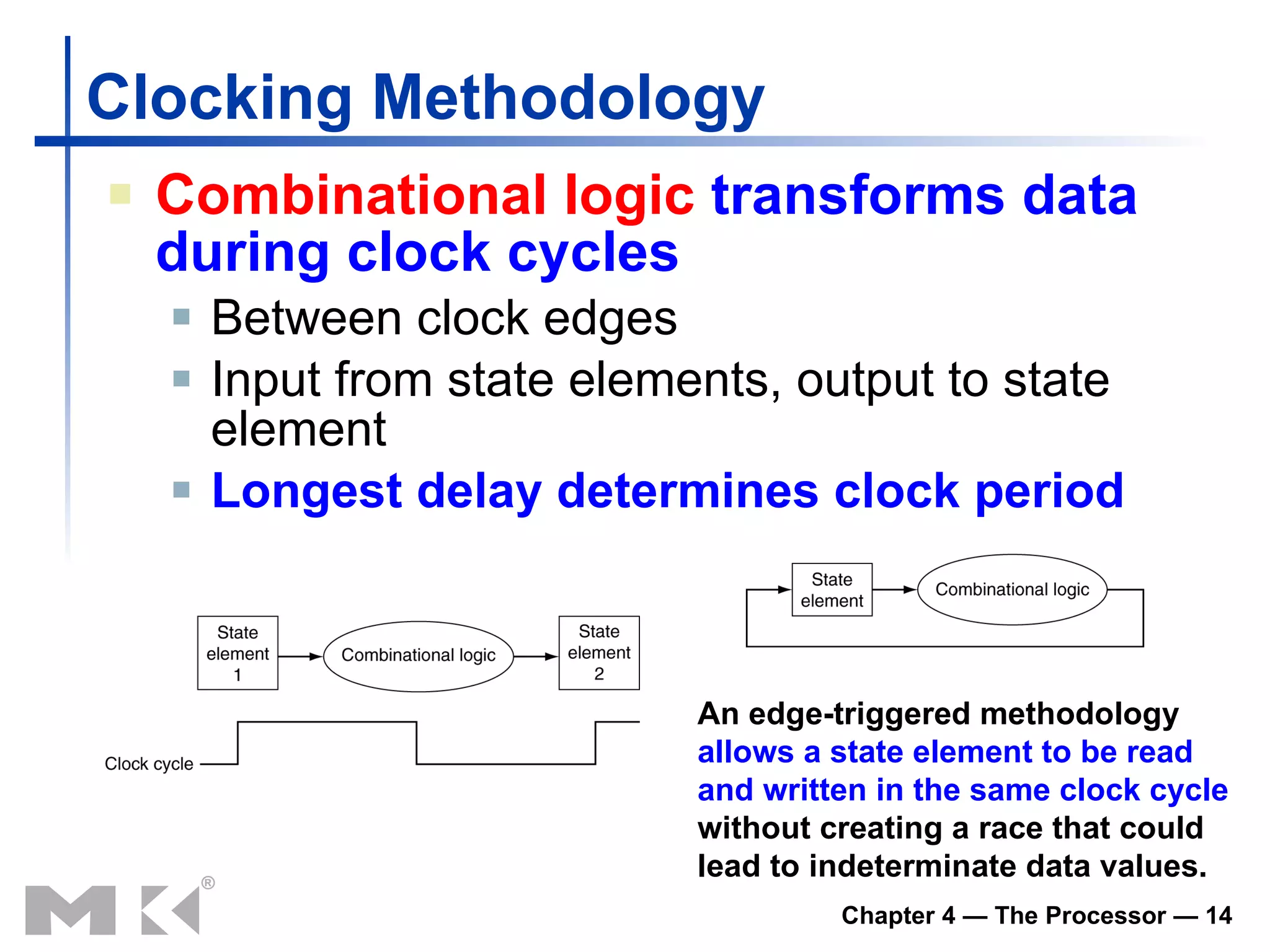 Clocking Methodology Combinational logic   transforms data during clock cycles Between clock edges Input from state elements, output to state element Longest delay determines clock period An edge-triggered methodology  allows a state element to be read and written in the same clock cycle  without creating a race that could lead to indeterminate data values.   