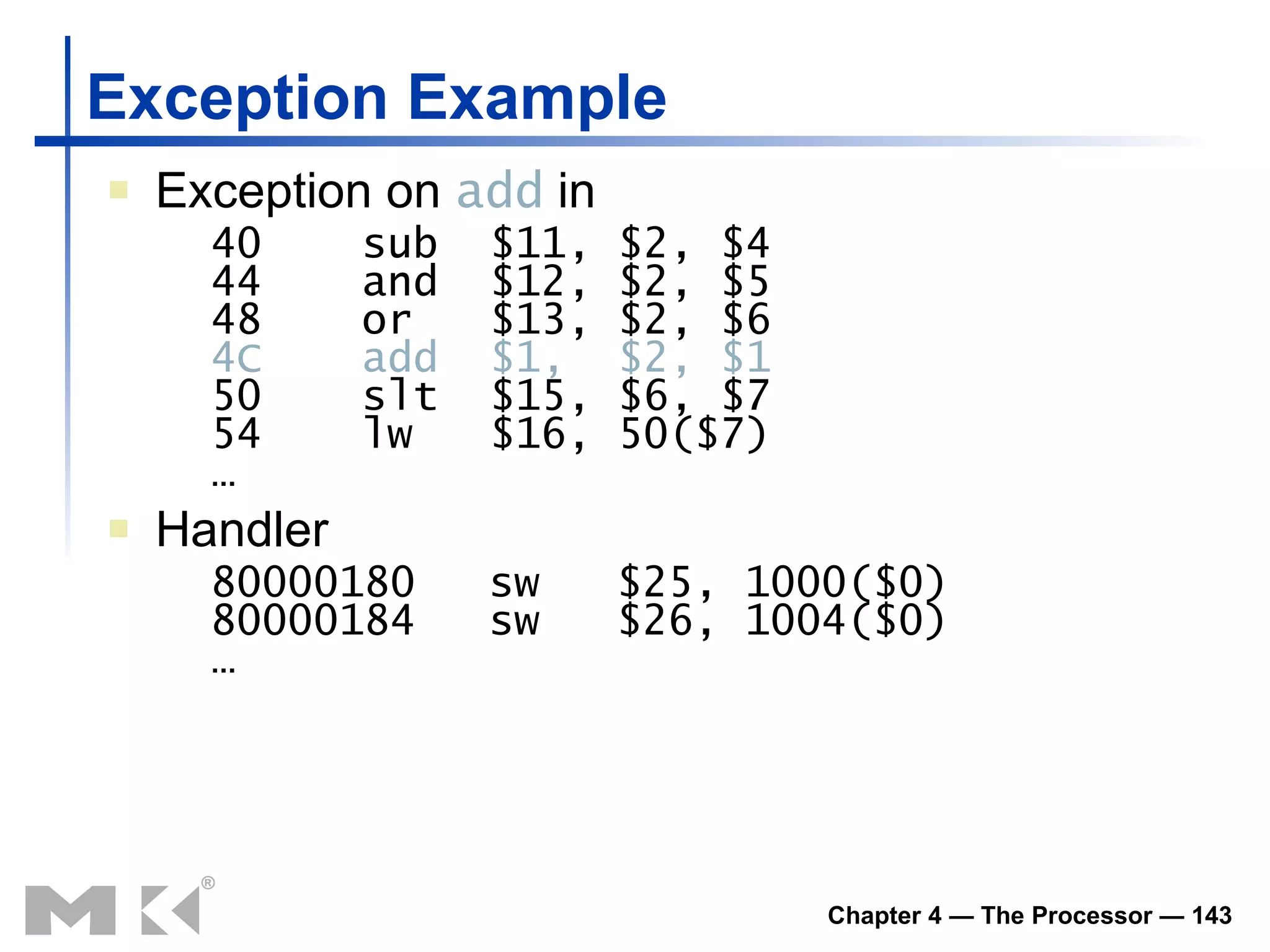 Exception Example Exception on  add  in 40 sub  $11, $2, $4 44 and  $12, $2, $5 48 or  $13, $2, $6 4C add  $1,  $2, $1 50 slt  $15, $6, $7 54 lw  $16, 50($7) … Handler 80000180 sw  $25, 1000($0) 80000184 sw  $26, 1004($0) … 