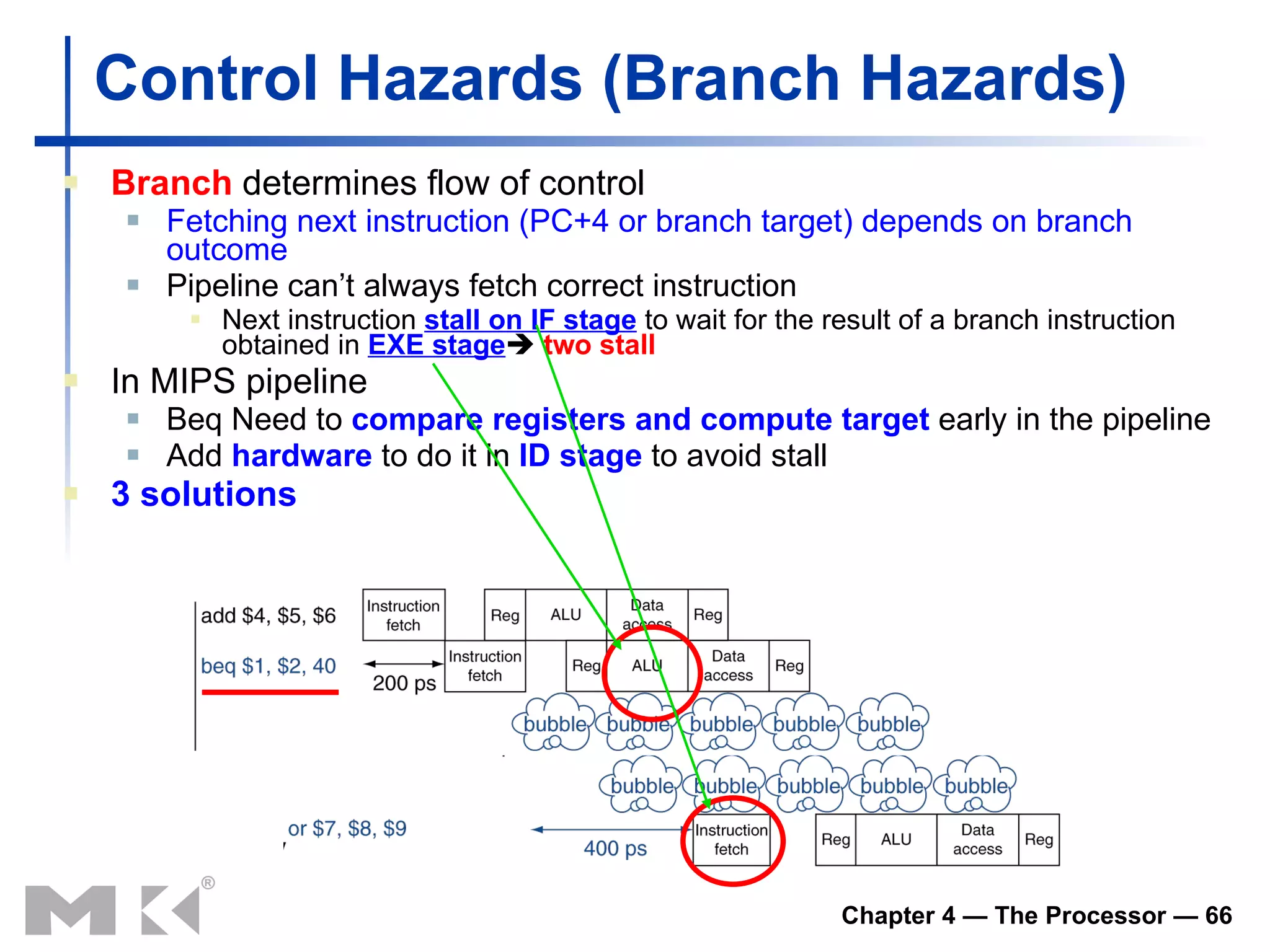 Control Hazards  (Branch  Hazards ) Branch  determines flow of control Fetching next instruction  (PC+4 or branch target)  depends on branch outcome Pipeline can’t always fetch correct instruction Next instruction  stall  on I F  stage  to wait for the result of a branch instruction obtained in  EXE stage    two stall  In MIPS pipeline Beq  Need to  compare registers and compute target  early in the pipeline Add  hardware  to do it in  ID stage  to avoid stall 3 solutions 