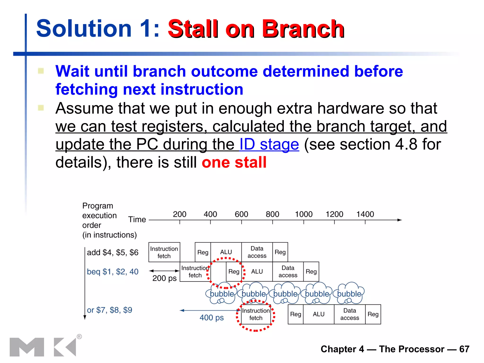 Solution 1:  Stall on Branch Wait until branch outcome determined before fetching next instruction Assume that we put in enough extra hardware so that  we can test registers, calculated the branch target, and update the PC during the  ID stage  (see section 4.8 for details), there is still  one stall 