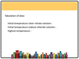Tabulation of data:
Initial temperature silver nitrate solution :
Initial temperature sodium chloride solution :
Highest temperature :
 